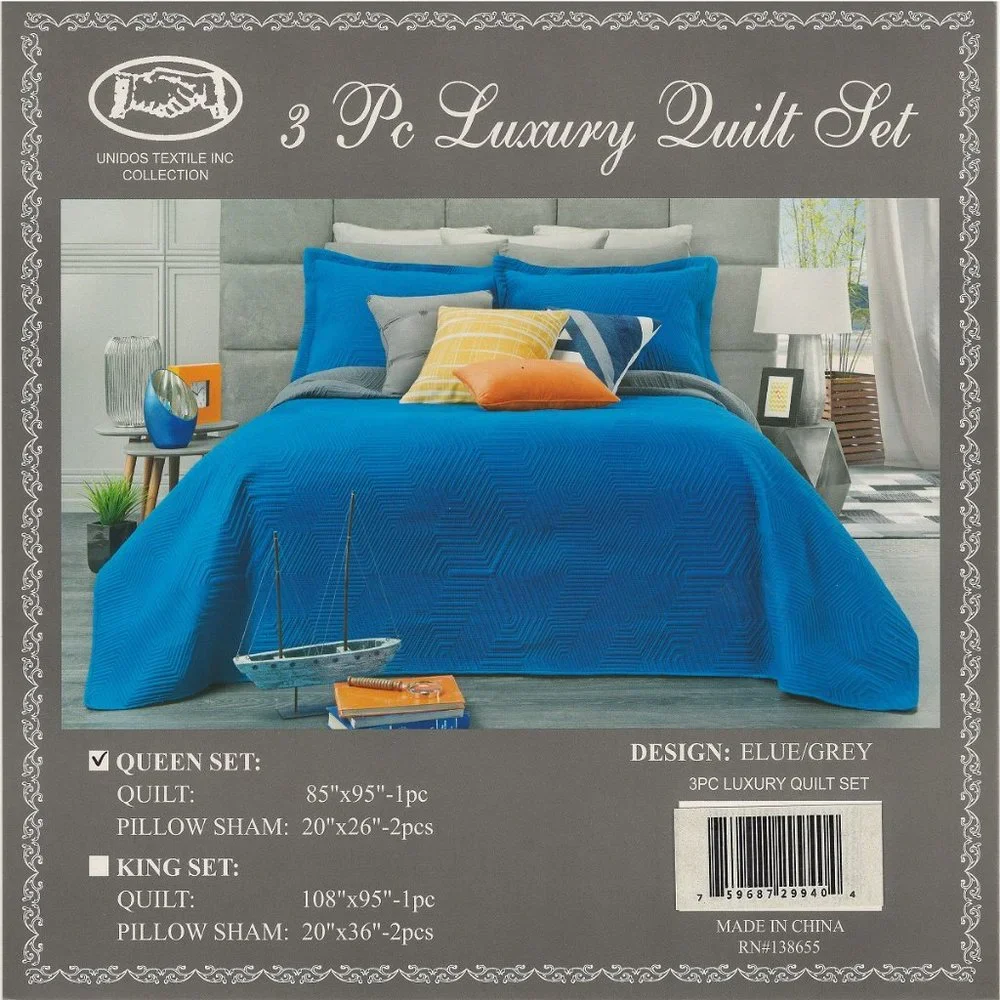 3 Piece Quilted Bedspread Set Queen & King Size Blue Embossed Light Quilt